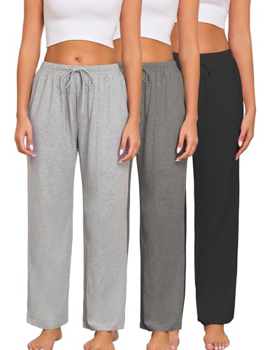 Image of Veseacky Women 100% Cotton Pajama Bottoms Comfy Soft Lounge Sleep Pants Drawstring Sleepwear 3 Pack S-XXL