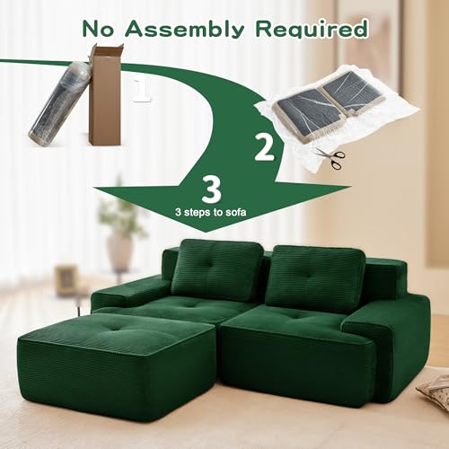 Image of 82 inch L Shaped Modular Boneless Couch with Movable Ottoman, 2 Seat, Soft Corduroy Fabric, Deep Seat Cloud sectional Sofa with Pearl Like Piping and Tufted Design, No Assembly, Anti Slip, Green