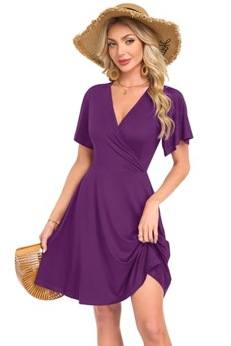 AUSELILY Damen Kleid Sommer Strandkleid Rüschenärmeln V-Ausschnitt Elastischer Taille und Taschen Swing Urlaubskleid Lila XXL 4