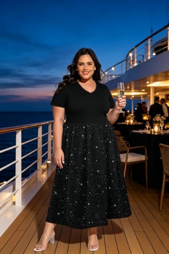 Image of CARCOS Plus Size Dresses for Women Summer Short Sleeve V Neck Patchwork Dresseses XL-5XL
