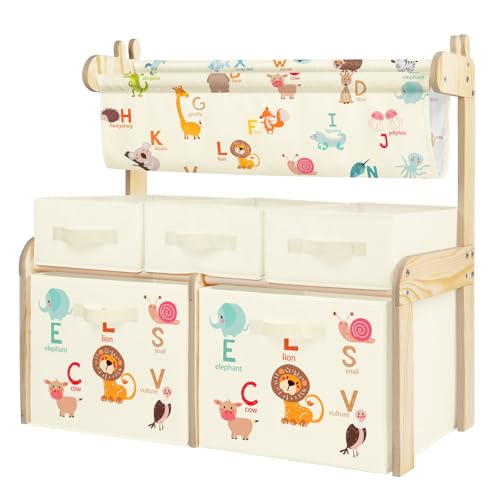 alldomess Kinderregal, Spielzeugregal, Bücherregal Kinder mit 5 Aufbewahrungsboxen 1 Hängefächern,3 Ebenen Kinderschrank Holz für Kinderzimmer, Spielzimmer，Klassenzimmer,Tiere