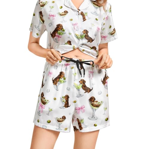 Image of Funny Pajamas for Women Set Print Satin Loungewear Pjs Short Sleeve Button Down Top and Shorts Sets Sleepwear XS-3XL