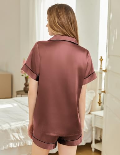 Image of Silk Pajamas for Women Short Sleeve Sleepwear Soft Button Down Loungewear 2 Piece Satin Pjs Shorts Set S-XXL