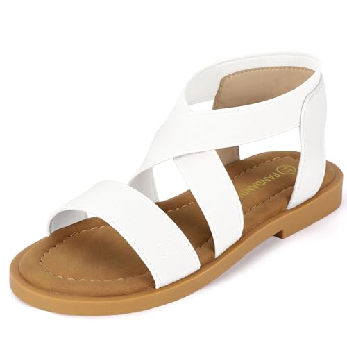 Image of PANDANINJIA Girls Sandals Slip-on Elastic Ankle Cross Strappy Gladiator Dress Sandals Flats Summer Shoes Little Big Kids Sandals