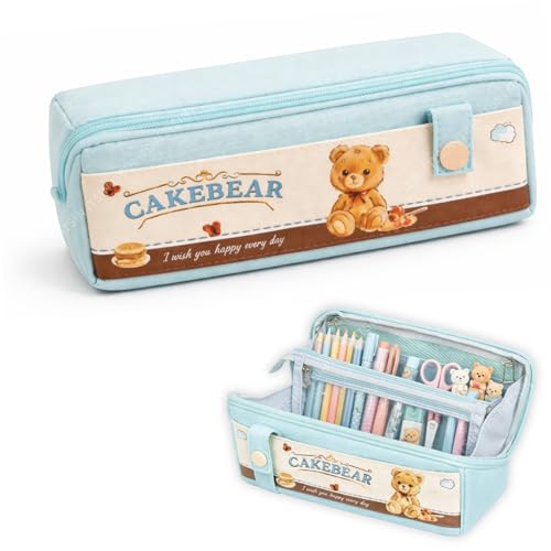 Image of Large Capacity Pencil Pouch Aesthetic Pencil Bag Multiple Compartments Girl Cute Stationery School College Pouch Travel Pouch for Girls Kids School Accessories (Blue Cakebear)