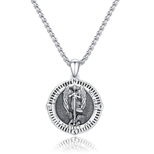 MEDWISE St Michael Pendant for Men 925 Sterling Silver Saint Michael Compass Necklace St Michael Medal The Archangel Pendant Necklace Jewelry for Men