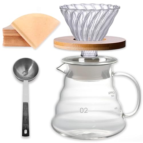 LACIVETA Cafetera v60 de vidrio de borosilicato (600ml), filtros de papel natural V02 (40 und) y cuchara medidora 15gr, v60 cafetera de goteo para amantes del cafe manual, kit drip coffee o pour over
