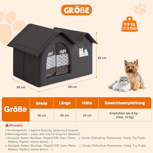 ALLSOPETS Faltbares Katzenhaus für Draußen, Wasserdichtes Hundehaus, Warmes Isoliertes Haustierhaus mit Doppel-Dach Design für Kleine und Mittlere Haustiere (Kohlschwarz)