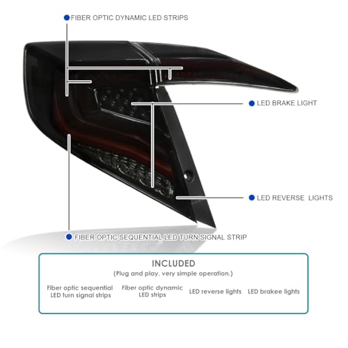 Image of SPEC-D TUNING Glossy Black Smoke Tail Lights w /Red LED Strips, Sequential LED Turn Signal, and Startup Animation Compatible with 2016-2021 Honda Civic 4-Door Sedan, Left + Right Pair Assembly