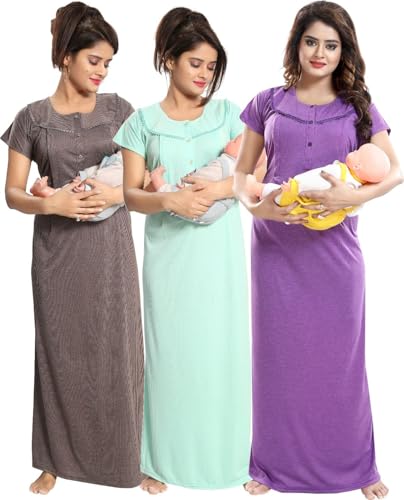 Image of Fabme Women's Polycotton Nursing Nightgown - Concealed Zip, Long, Textured Nighty for Maternity, Feeding