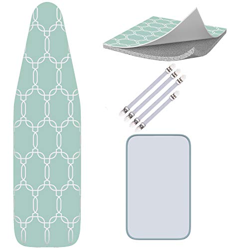 Balffor Ironing Board Cover and Pad - Scorch Proof - Heat Resistant - (Green with White) with Bonus Adjustable Fasteners and Protective Mesh - for 15
