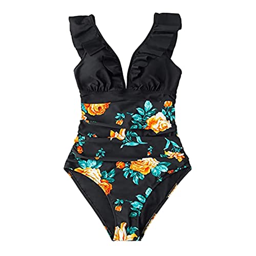 Traje de baño para mujer de 2 piezas, color blanco, verano, traje de baño con cuello en V, profundo, traje de baño con volantes, ajuste hueco, encaje, sexy, traje de baño para mujer, 2 piezas, talla