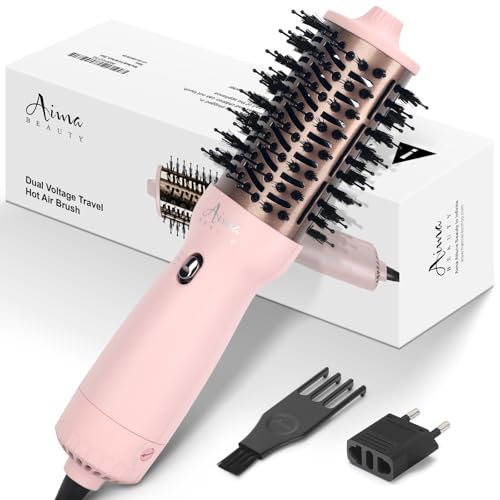 Aima Beauty Worldwide Travel Hair Dryer Brush 110V-240V Dual Voltage Blow Dryer Brush Hot Air Brush with Oval Barrel 360° Hot Airflow, Negative Ionic Frizz-Free Drying/Straightening/Voluming, Pink