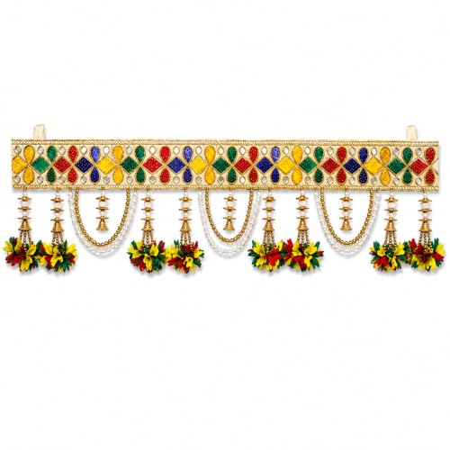 Image of ONESTA Traditional Handmade Door Toran for Main Door | Decorative Bandarwal with Colorful Mirror Design Pearl Chains & Floral Tassels | Festive Door Hanging for Diwali Navratri Wedding & Housewarming Decor 3 Feet (Size 36 Inch Pack 01)
