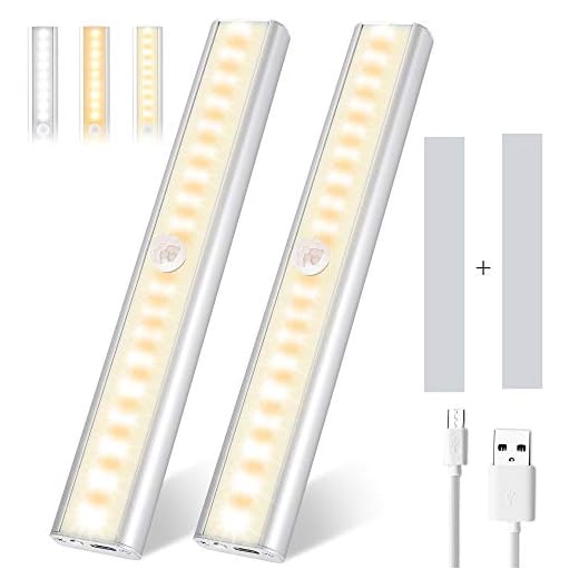 Meromore Trådlösa lampor under skåp, 36-LED rörelsesensor nattlampa, USB-laddningsbar köksbelysning med magnetremsa 600 mAh batteri för garderob, garderob, trappor (2-pack)