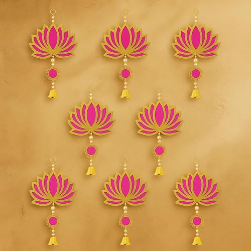 Image of ARLICORPING Wooden Lotus Wall Hanging for Festive Decoration - Diwali, Ganpati, Pooja Room, Mandir, Living Room, Door, Hall, Entrance, Spiritual Decor (Lotus + Bell-Pink, Pack of 12)