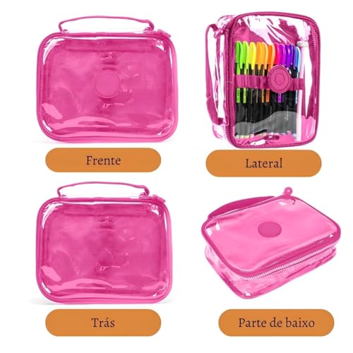 Estojo Escolar Juvenil Transparente Alça de Mão Porta Lápis Necessaire Bolsinha Cosmético Acessórios