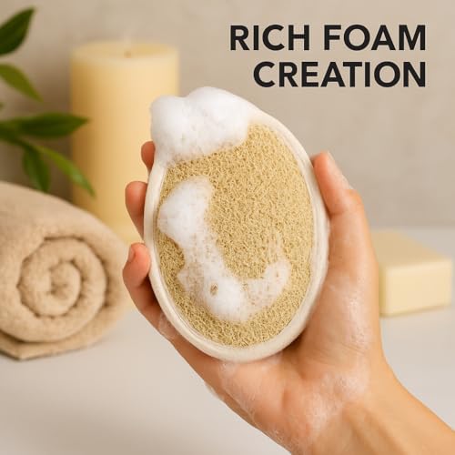 Image of NOAK Natural Oval Loofah for Bathing | Soft & Smooth Body Scrubber | Gentle Exfoliation for All Skin Types, Removes Dead Skin Cells | Easy-to-Hold Bath Sponge | Attractive Pouch Designs | Pack of 2