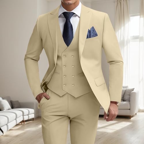 Mens 3 Piece Slim Fit Suit Set Double Breasted Blazer Vest Pants Formal Business Groom Tuxedo Dress2