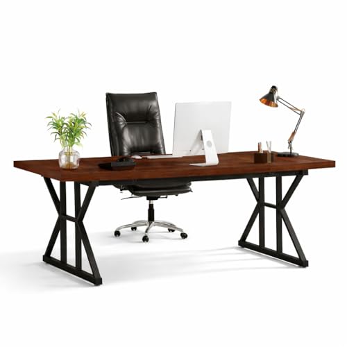 Image of Executive Computer Work Desk | Wooden Office Table for Home, Office, Workstation, Study | Strong Metal Frame Computer Table (Rustic Brown)