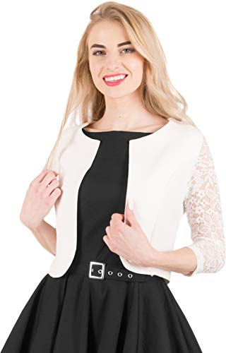 BlackButterfly Cropped 3/4 Lace Sleeve Open Bolero Evening Blouse (Ivory, US 4)