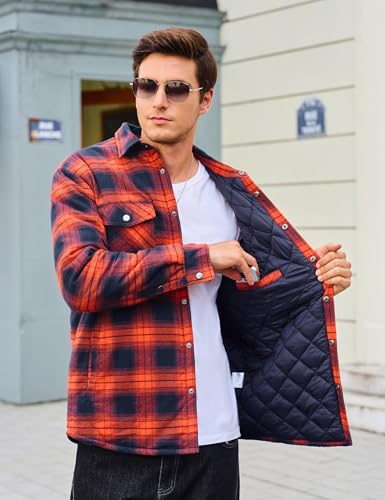 CRYSULLY Men's Flannel Shirt Jacket Cotton Quilted Lined Button Down Plaid Shirt Jacket Winter Warm Heavyweight Shackets3