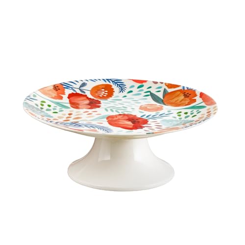 Baroni Home Alzata per Dolci in Porcellana Decorata, Fantasia Papaveri, Alzatina Porcellana Buffet, 20x20x6,5 cm