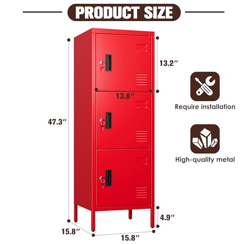 Image of Aobabo 16 inch W 3 Door Metal Storage Locker with Lock, 47 inch H Steel Locker with Name Card Holder and Metal Leg for School, Home, Office, Playroom, Assembly Required, Red