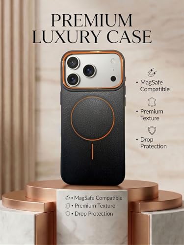 Image of amazon basics Luxury MagSafe Compatible Leather Texture Back Cover for iPhone 17 Pro | Raised Camera Protection | Slim Fit Shockproof Case with Metallic Accents (Black)