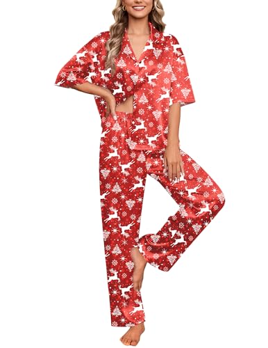 Ekouaer Silk Satin Pajamas Set Women Short Sleeve Pj Sets Button Down Sleepwear 2 Piece Soft...
