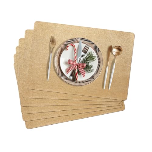 AIRCOWRIE Placemats for Dining Table Set of 6, Heat-Resistant Placemat Washable Vinyl Table Mats for Kitchen Restaurant Decorations (Gold)