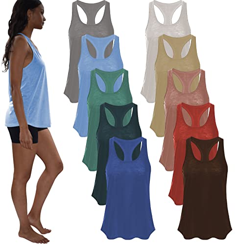 Women's Everyday Flowy Burnout Slub Racer Back Active Workout Tank Tops- 10 Pack