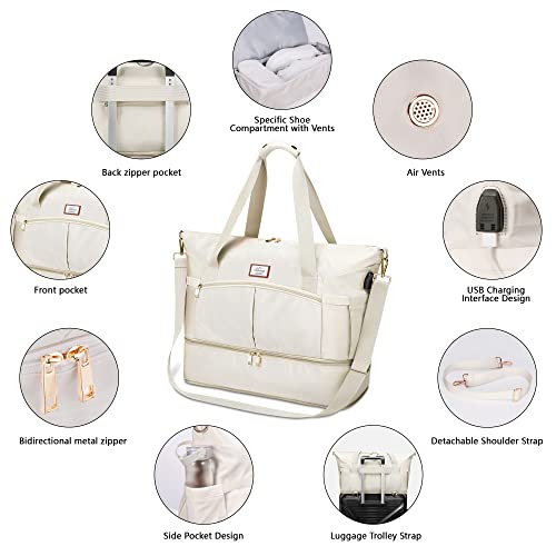 Travel Bags For Women, Sports Gym Duffle Bag With Foldable Shoe Compartment, Large Weekender Overnight Bag With Wet Pocket And Usb Charging Port For Women Girls Traveling, Gym Tote, Yoga (Beige) #TOP3