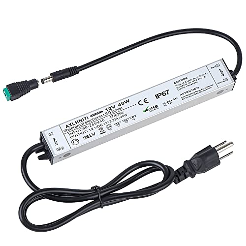 LED Driver 40W 12V, Waterproof IP67 12V Power Supply, LED Transformer 90V-265V AC to 12V DC, LED Power Supply with 3-Prong Plug 3.3 Feet Cable for LED Strip Lights, Constant Voltage LED Products