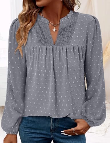 BETTE BOUTIK Women Boho Long Sleeve Shirts Dressy Casual V Neck Fall Fashion Tops Swiss Dot Flowy Blouses