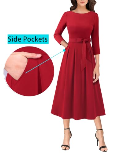Image of VFSHOW Womens Work Business Casual Church Pockets Belted A-Line Midi Dress
