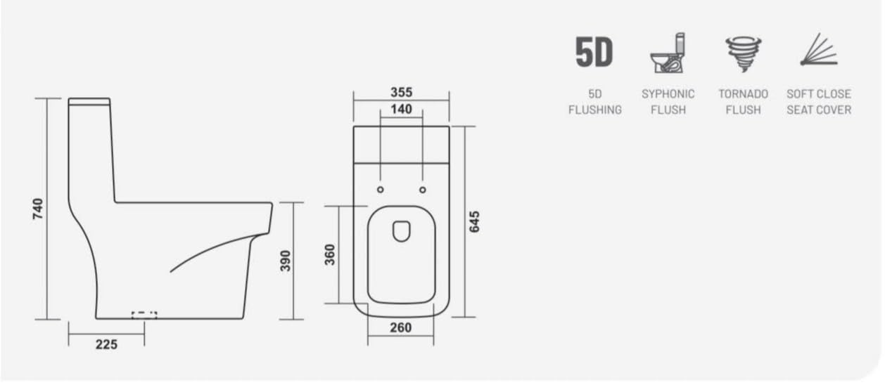 Hisre Premium Western Floor Mounted One Piece Water Closet Ceramic Western Toilet/Commode/European Commode Square With Soft Close Seat Cover For Lavatory, Toilets (Volvo), photo 3 of 3