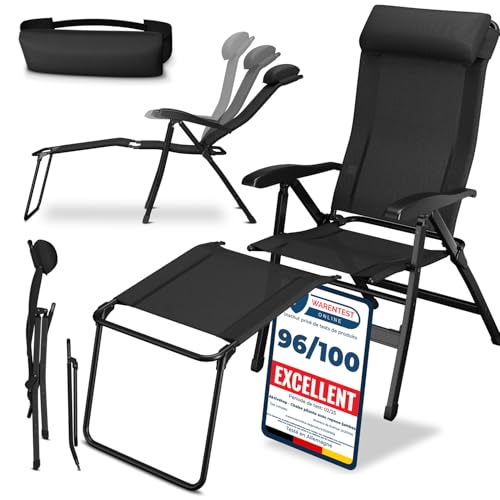 ELONEO Chaise de Camping Pliante avec Repose-Pieds Amovible - Chaise Longue Pliante Confortable en Aluminium avec Dossier Réglable pour Jardin et Balcon Noir