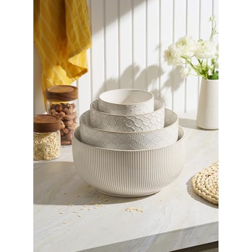 Mikiegy Ceramic Mixing Bowls Set of 4, Nesting Ceramic Embossment Stoneware Mixing Bowls for Cooking, Serving, Popcorn, Salad etc, Microwave & Dishwasher Safe, 20/44/98/145 oz, Off-White - Image 5