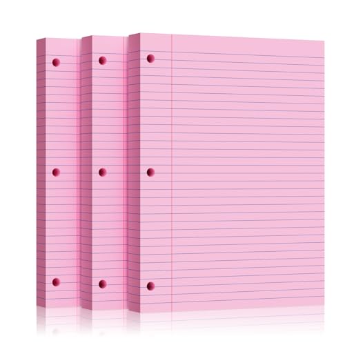 300 hojas de papel rosa de hojas sueltas de 8 x 10.5 pulgadas, con rayas universitarias perforadas, papel de cuaderno para carpetas de 3 anillas, bloc de notas, listas de tareas para suministros