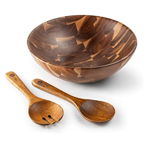 BF BILL.F SINCE 1983 Wooden Salad Bowl 30cm Acacia Wood Salad Bowls Set Large Salad Serving Bowl for Fruits Mixing Bowl with Servers-3-Piece Large Salad Bowl Set Cover