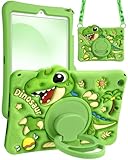 Boaretiu for iPad 9th/8th/7th Generation 10.2 Inch Case (2021/2020/2019) - Cute Cartoon with Shoulder Strap & Rotating Stand for Boys Girls Teens Soft Silicone, Green Dinosaur