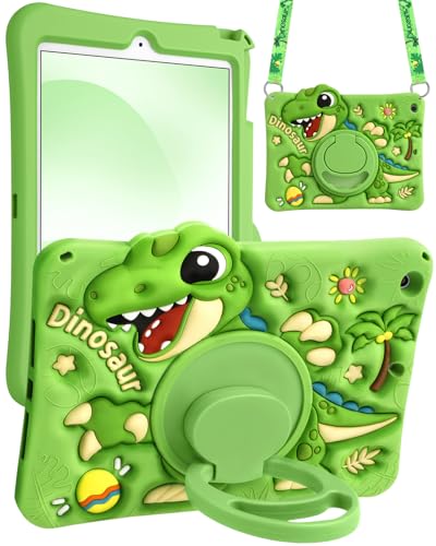 Boaretiu for iPad 9th/8th/7th Generation 10.2 Inch Case (2021/2020/2019) - Cute Cartoon with Shoulder Strap & Rotating Stand for Boys Girls Teens Soft Silicone, Green Dinosaur
