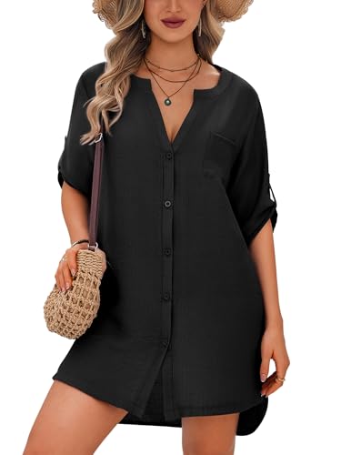 Image of Ekouaer Bathing Suit Cover Up for Women V Neck Button Down Swimsuit Coverup Beach Dress Shirt S-3XL