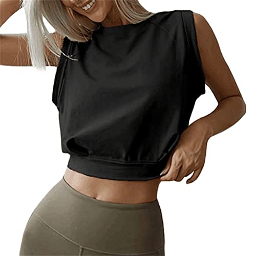 ORANDESIGNE T-Shirt de Sport Femme Top de Yoga Débardeur Sport à sans Manche pour Fitness Gym Fitness Running Sport Tee Shirt de Sport Crop Tops A Noir XS