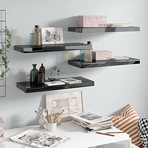 Mimdixy Estantería colgante de pared, 4 unidades, color negro brillante, 60 x 23,5 x 3,8 cm, tablero de fibra de densidad media, para salón, dormitorio, habitación de los niños, cocina y baño