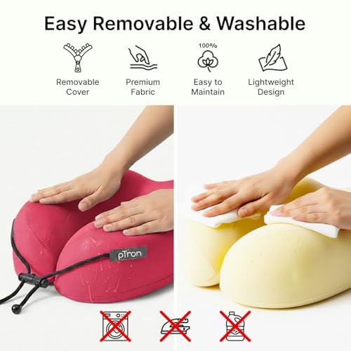 Image of pTron Ergova S4 Travel Neck Pillow, Hi-Per Memory Foam, Lightweight Neck Support Pillow, Ideal for Flight, Car & Travel Comfort, Carry Zip Pouch (Maroon)
