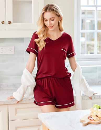 Image of Ekouaer Pajamas for Women Set Short Sleeve Loungewear Soft Pjs Shorts Set | V Neck Sleepwear with Pocket,Comfy Lounge Sets,Comfortable Fit,lightweight,Maternity,Gift,Sleeping & Bedtime,Lounging at Home