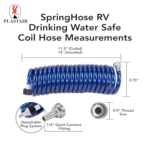 Image of SpringHose RV Premium Polyurethane Drinking Water Safe Coil Hose with Male Adapter Plug - Lightweight Recoil Garden Hose Retractable Blue Coil Garden Hose 3 /8 in by 15-Foot Made in Canada | Blue, Coiled RV Water Hose, Drinking Water Safe, Premium Polyurethane, Lightweight, Male Adapter, Made in Canada