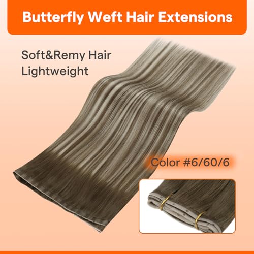 Image of Full Shine Butterfly Weft Hair Extensions 18 Inch 100G Chestnut Blonde | Chestnut Brown to Platinum Blonde Highlight, Double Genius Weft, Wedding Date Night Style, Volume Solution